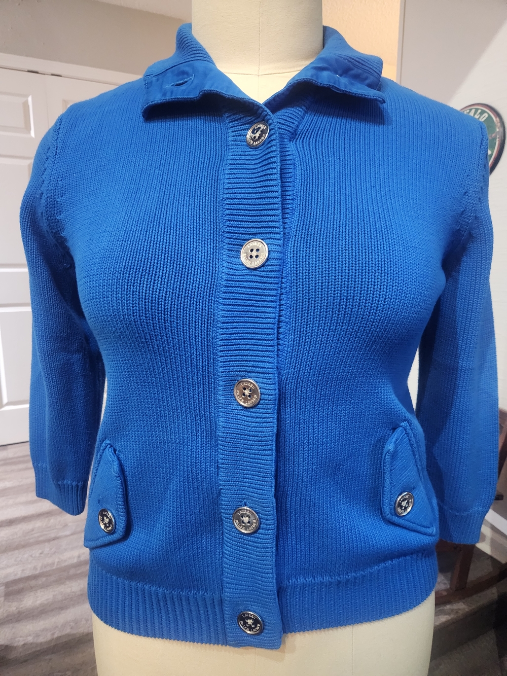 Lauren Ralph Lauren Cobalt Blue Button-Up Collared Cardigan